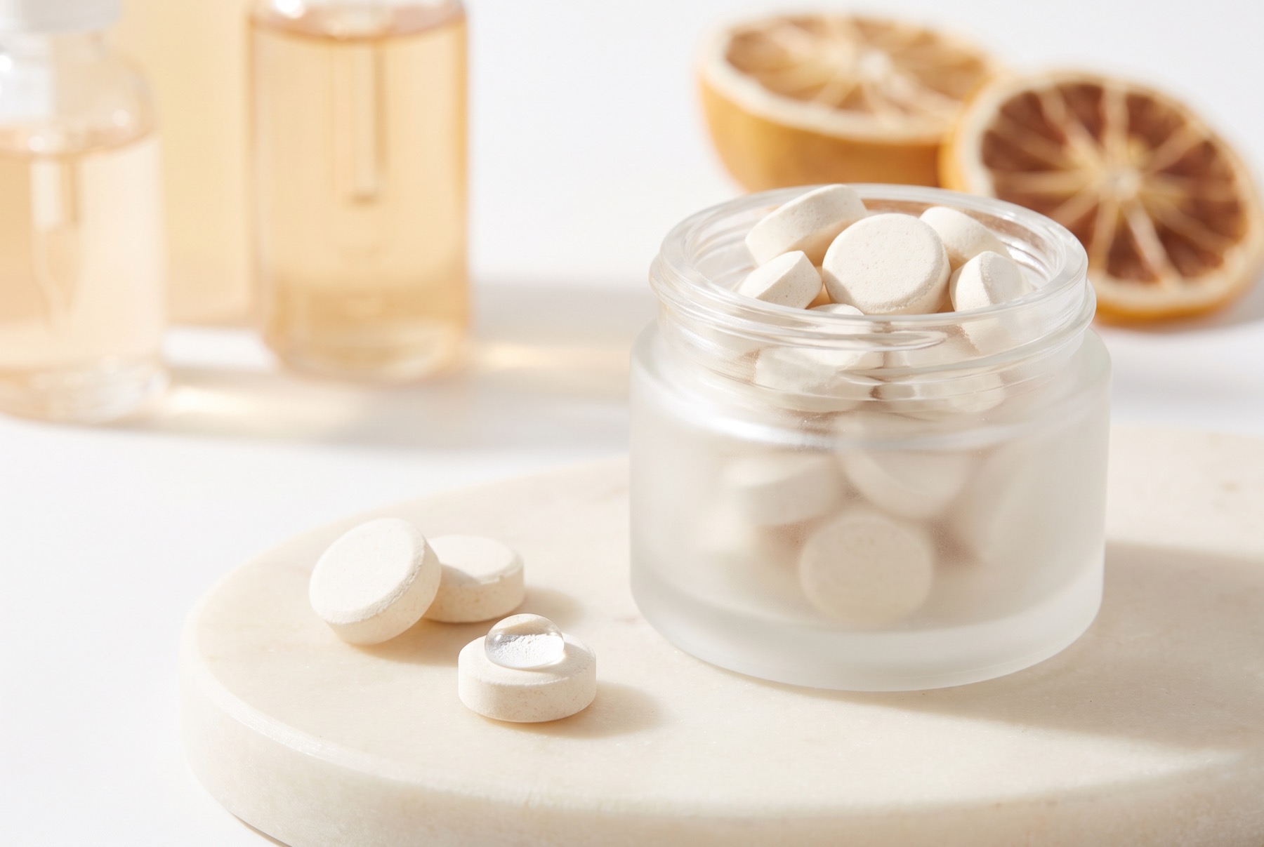 Ascorra freeze-dried vitamin C tablets, one activated with a single water droplet
